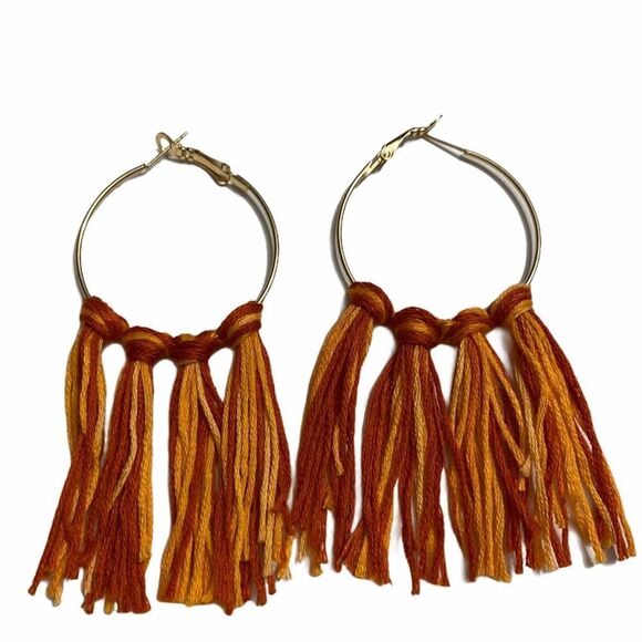 Tassel Hoop Earrings Orange Yellow Statement Fashion Earrings Boho Fringe Large - Picture 4 of 6